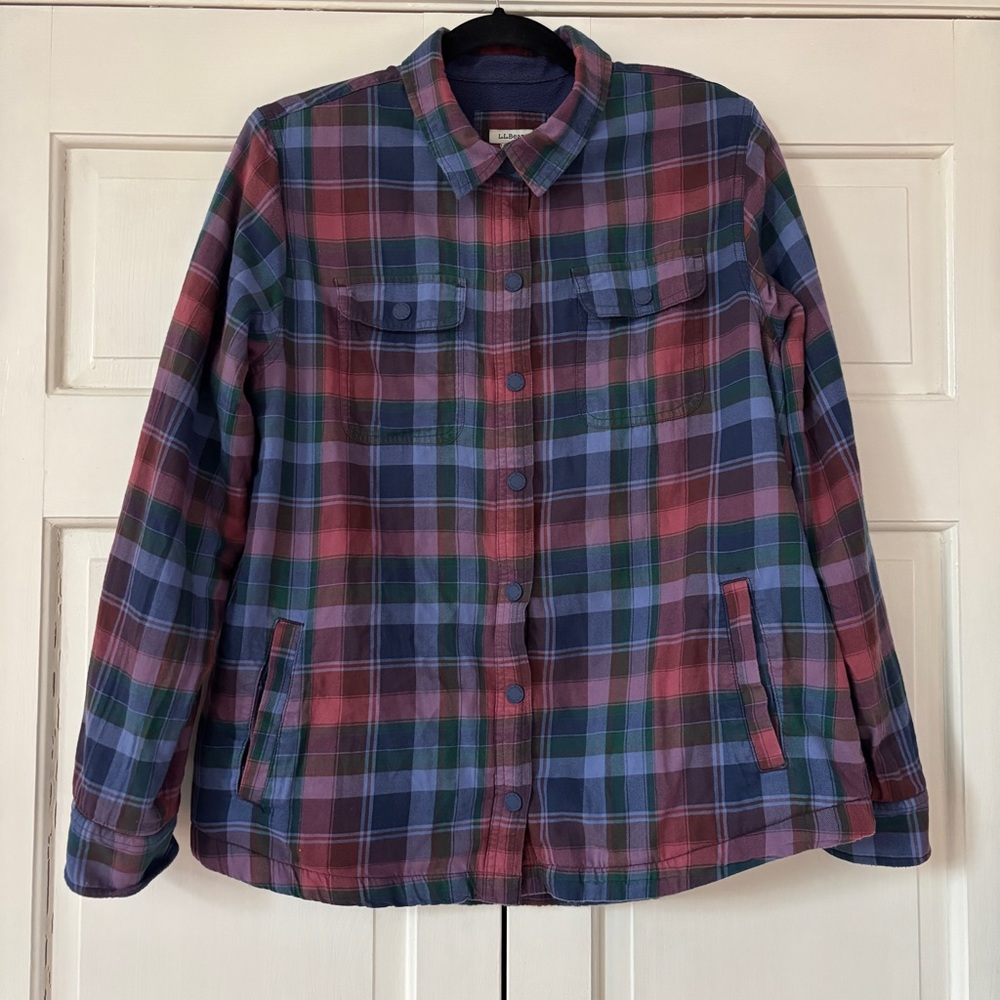 L.L. Bean Multicolor Plaid Shirt Barn Jacket Shacket Fleece Lined Size Medium